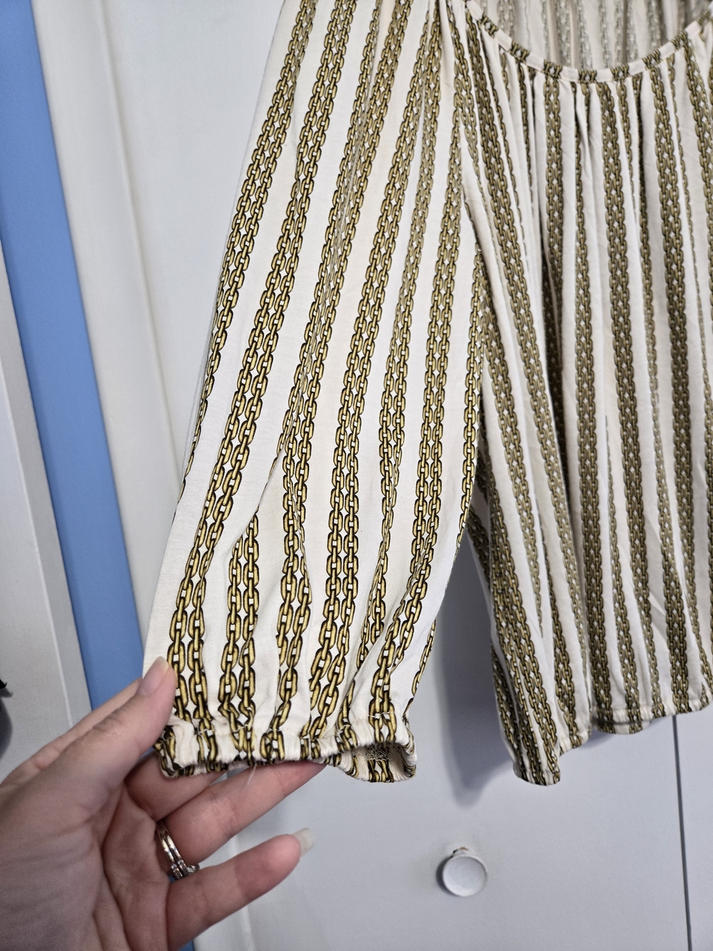 Michael Michael Kors Chain Print Peasant‎ Blouse Cream Gold Large - Picture 3 of 4